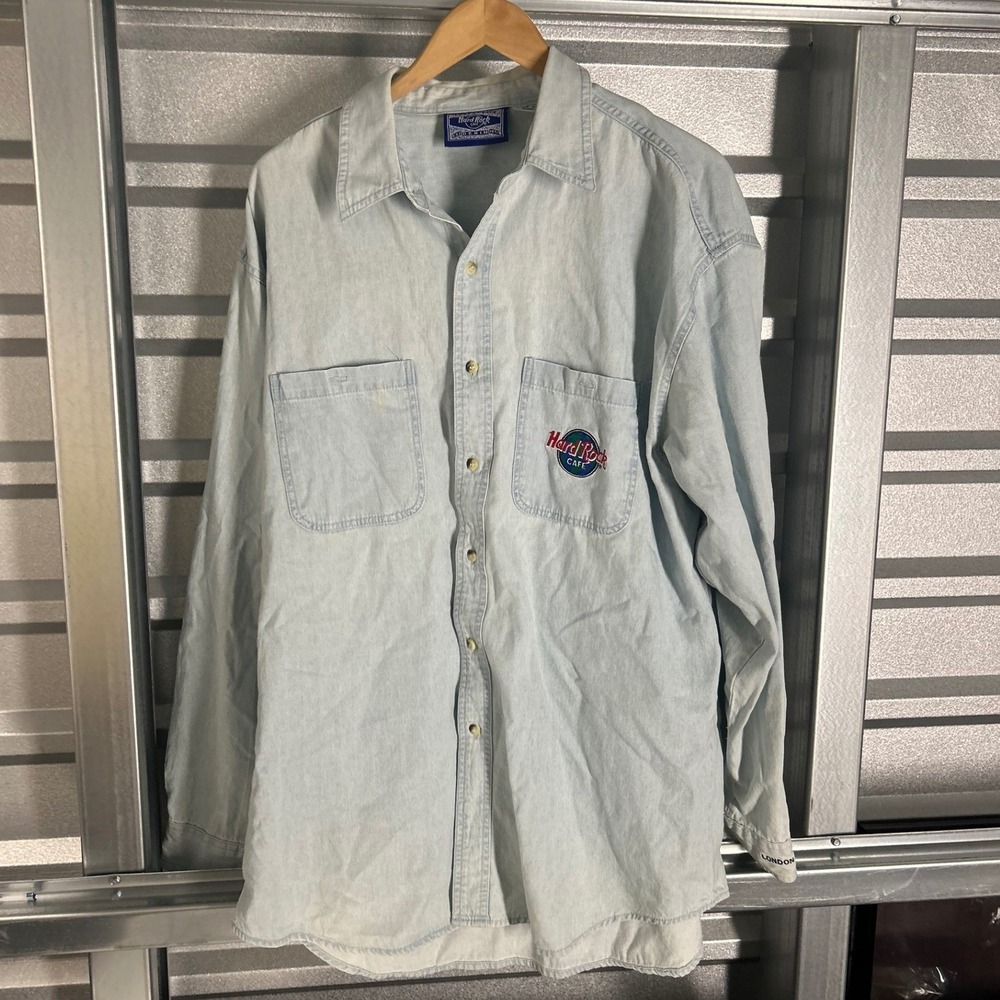 VINTAGE Hard Rock Cafe Denim Shirt Mens Blue London Embroidered 90s Streetwear